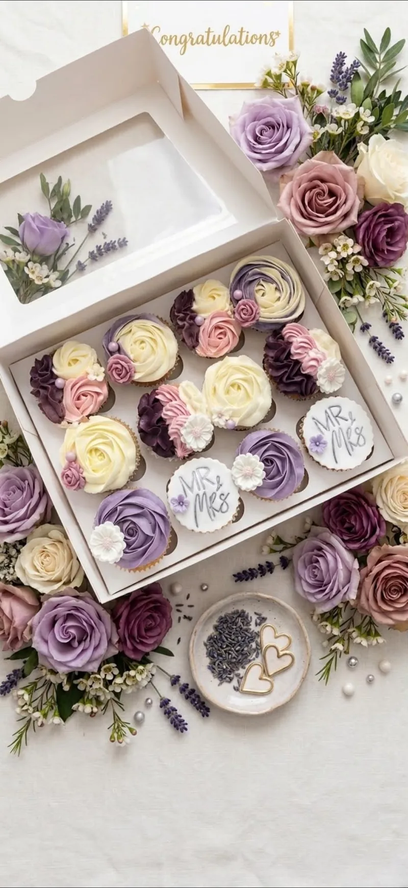 Box of twelve lilac, plum and ivory rose cupcakes with Mr and Mrs discs, surrounded by roses and lavender