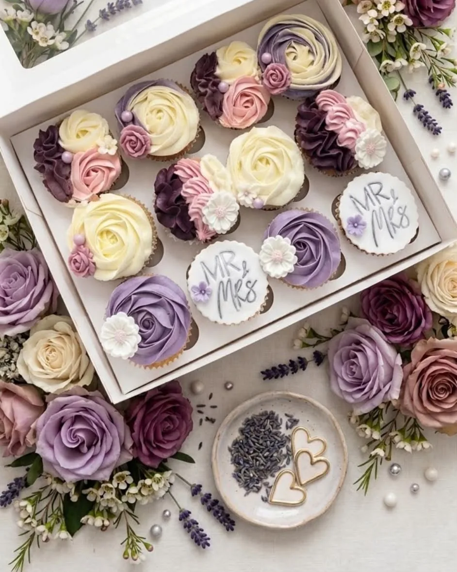 Lilac, plum and ivory rose cupcakes with Mr and Mrs discs, surrounded by roses and lavender