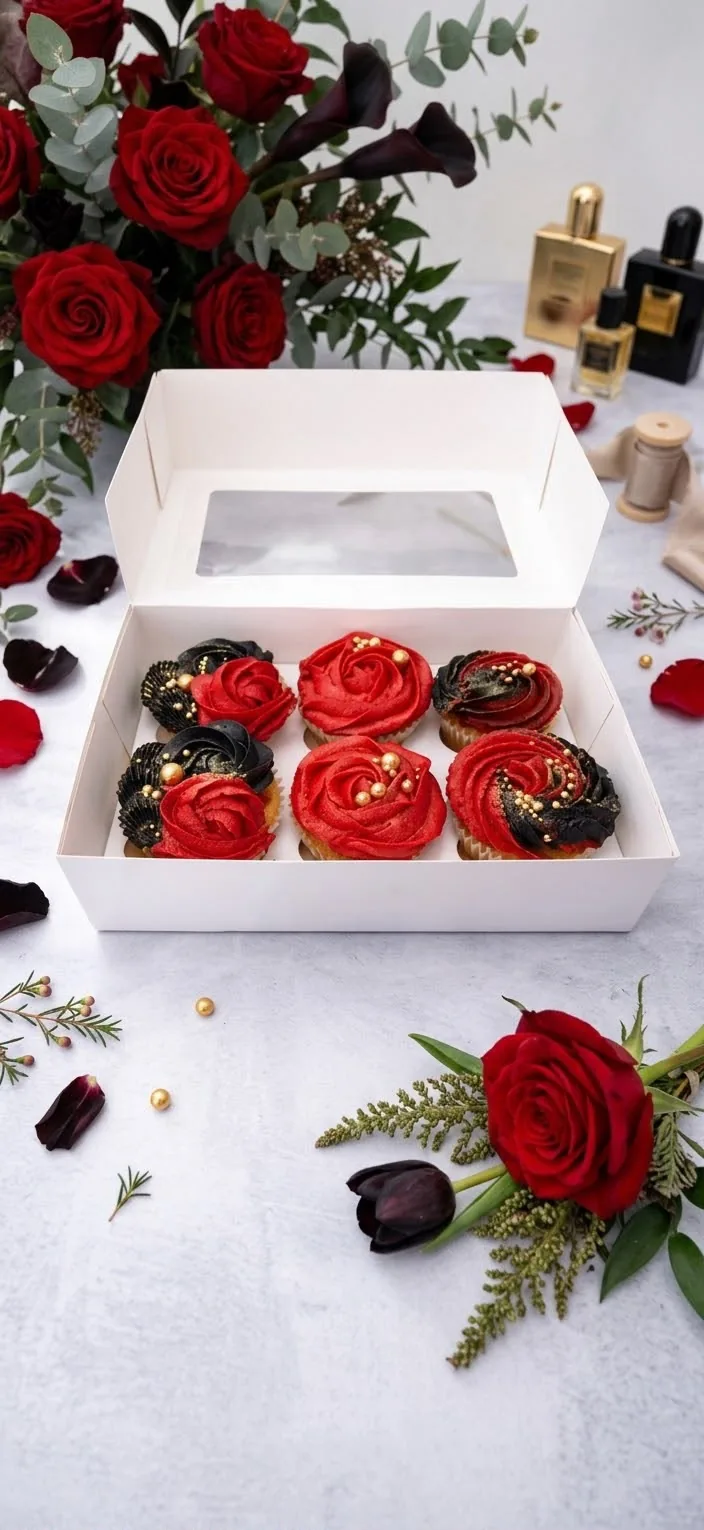 Red and black rose cupcakes with gold pearls surrounded by red roses